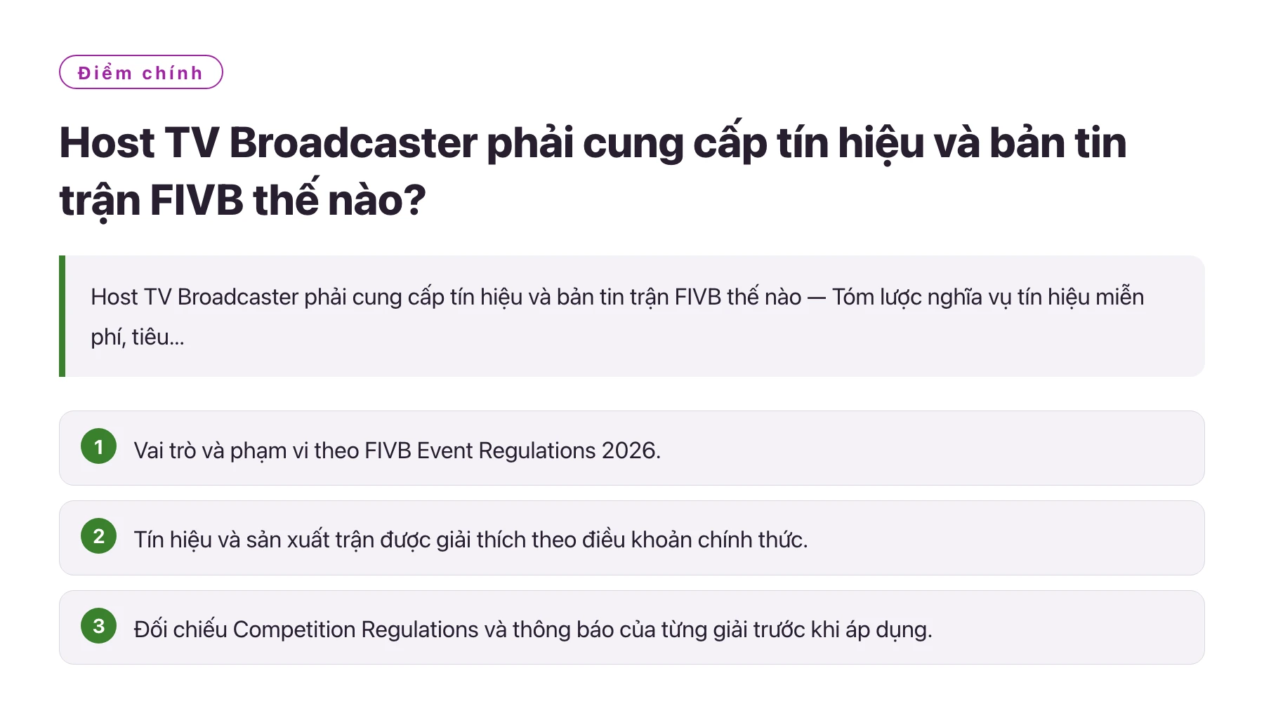 Host TV Broadcaster phải cung cấp tín hiệu và bản tin trận FIVB thế nào?——全文要点速览