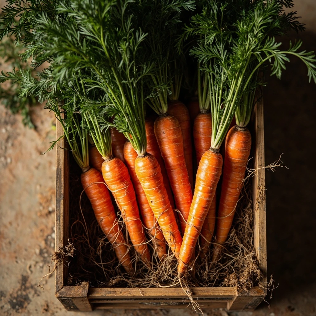 A bunch of just-pulled carrots with green tops in a wooden crate.