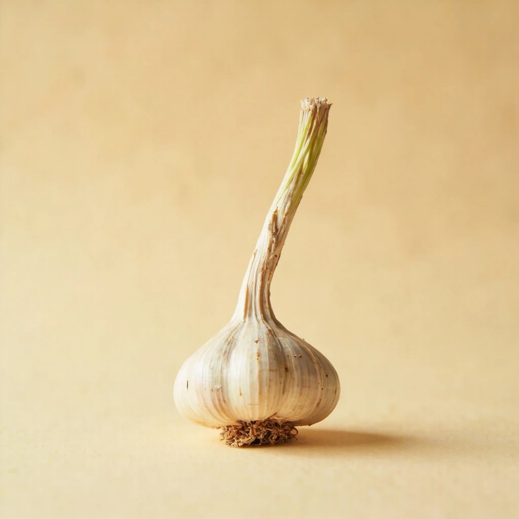A bulb of fresh garlic with a braided stem.