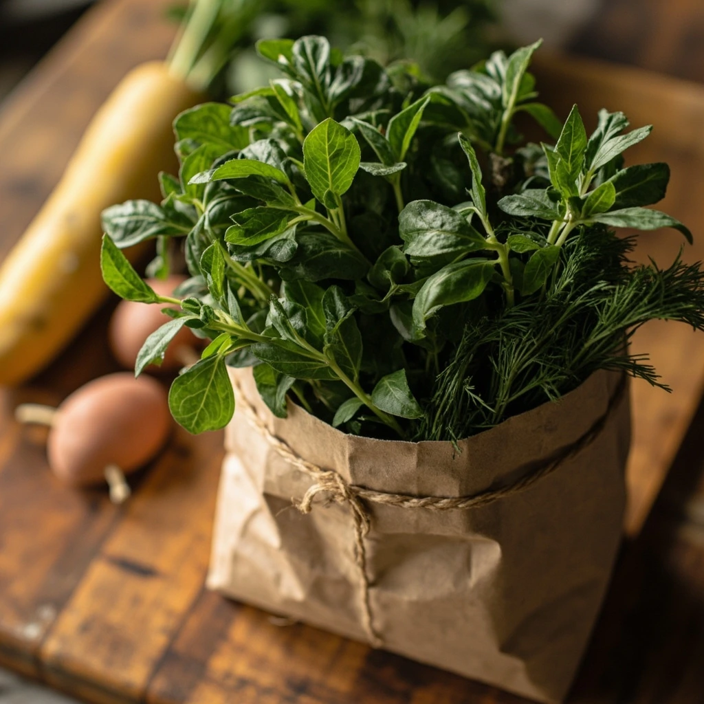 A paper bag of mixed culinary herbs tied with twine