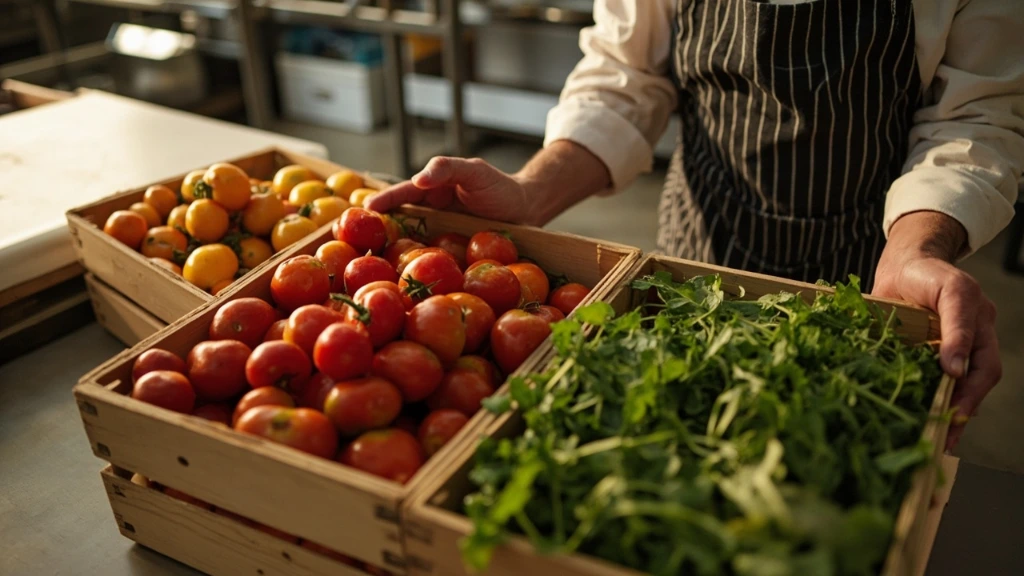 A wholesale delivery of heirloom vegetables arriving at a chef's prep kitchen at dawn